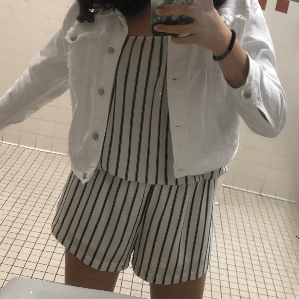 Ci Sono blue and white striped off the shoulder romper